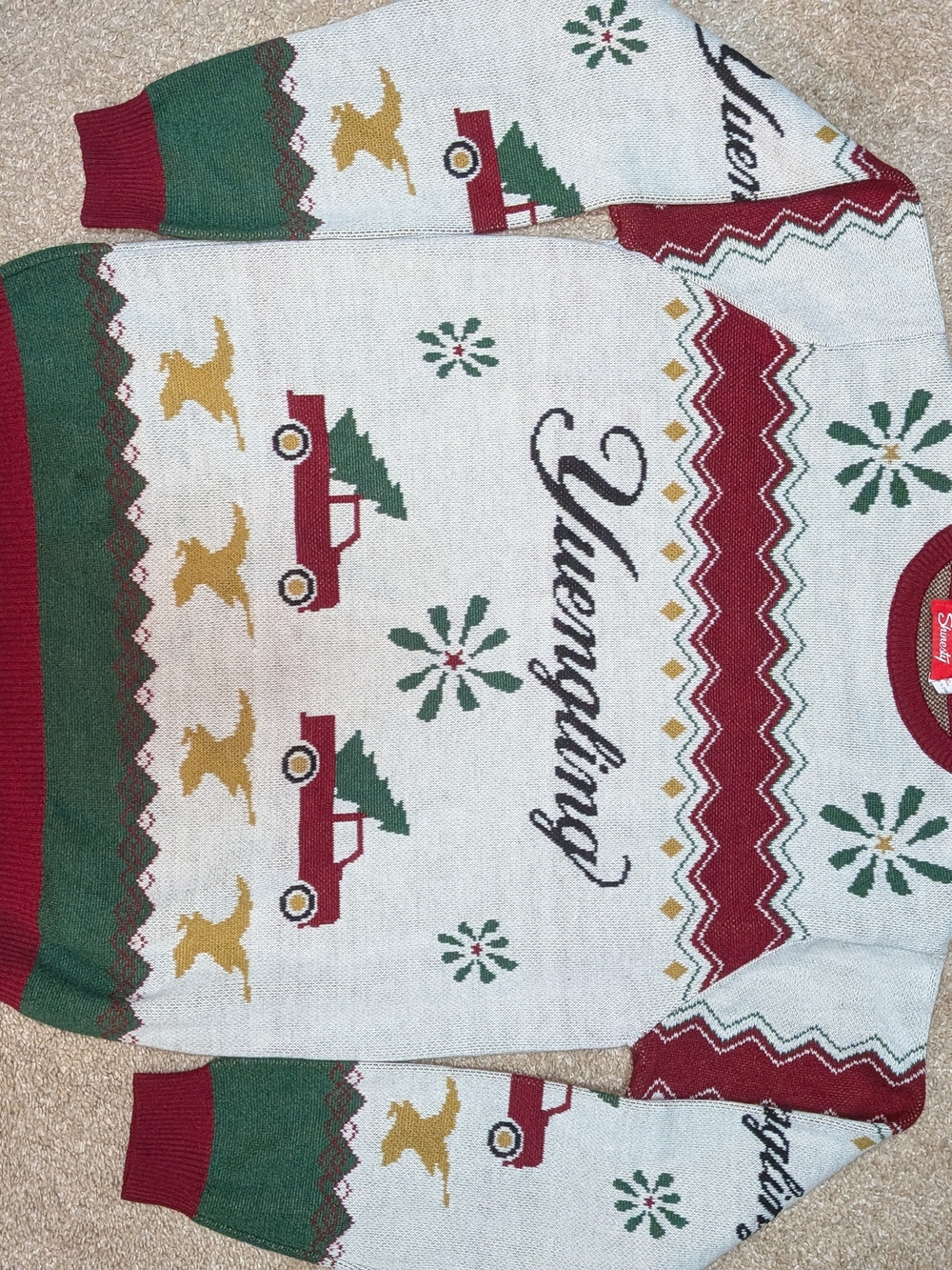 Shinesty Yuengling Holiday Sweater with Red Trucks and Green Trees